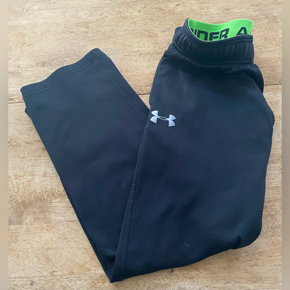 Under Armour Big Boy’s Sz M Black/Neon Green Accent Open Hem Athletic Pant